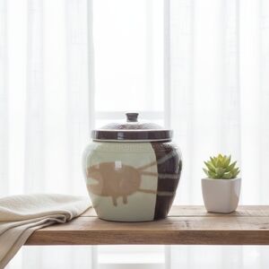 Vintage Brown & White Pottery Canister with Greek Key Pattern